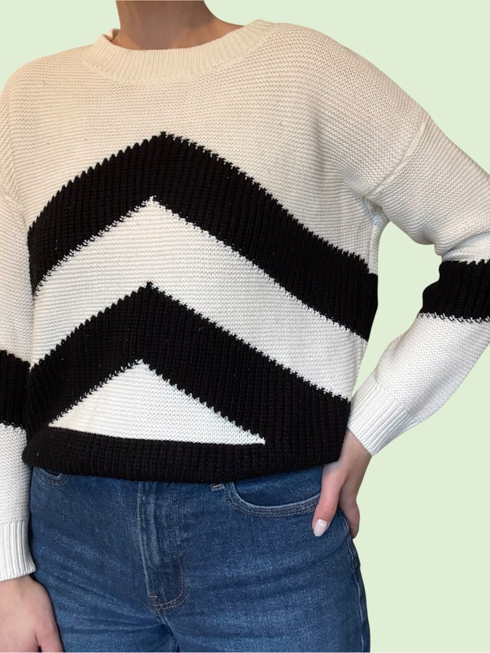 Mango Black and White Chevron Crewneck Sweater
